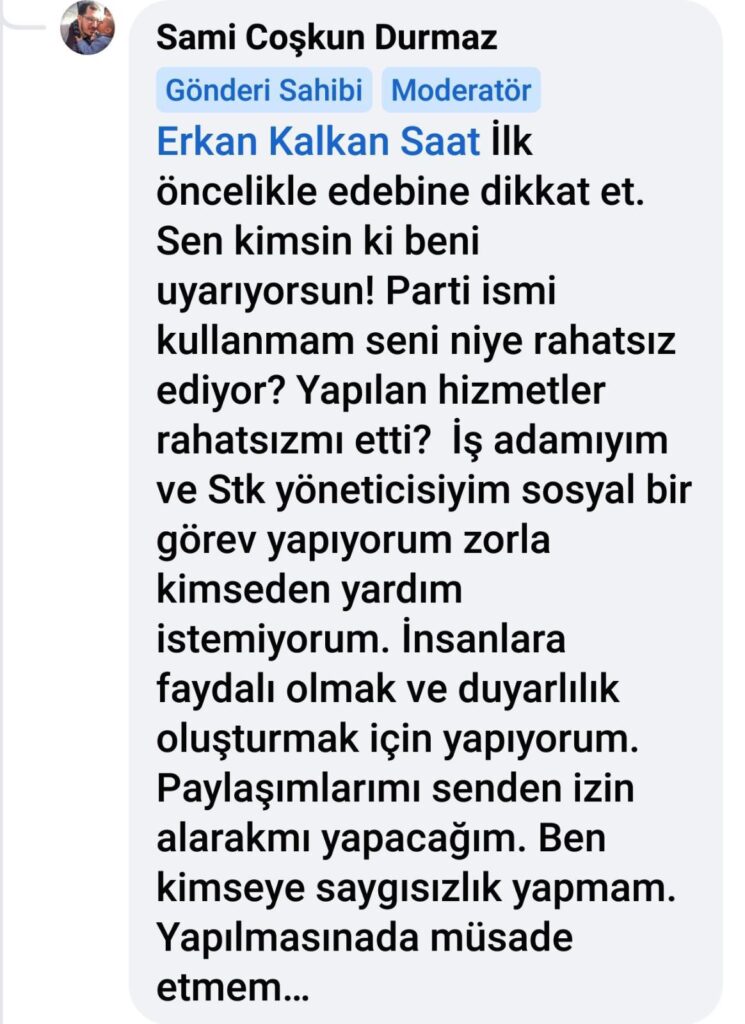 Coşkun  Durmaz'ın Erkan Kalkan'a yazdığı cevap